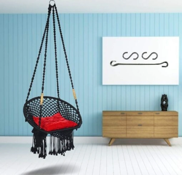 Curio Centre Make in India Round Premium Swing with Polyester Ropes & Mild Steel Frame for Adults & Kids/Indoor Outdoor Hanging Swing Chair with Cushion & Accessories (73 x 81 x 149 cm, White) - Free Size, Black, Polyester Rope With Iron Frame, Pack Of 1, Round Shape
